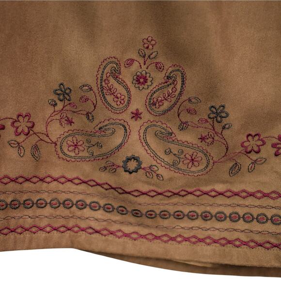 Vintage faux suede embroidered skirt dark caramel brown 10 petite western boho - Picture 3 of 9